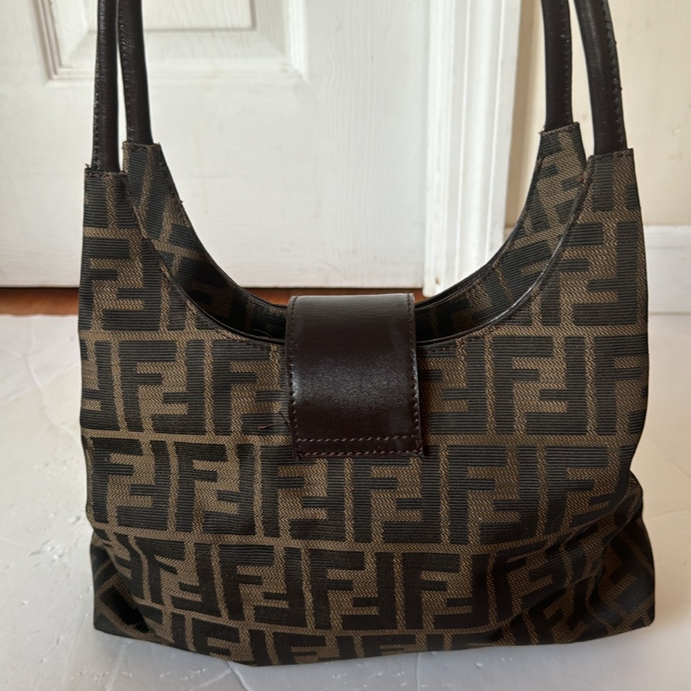 Fendi Brown Logo Canvas Shoulder Bag with Dark Brown Leather Trim - Picture 5 of 14